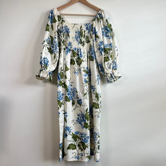 Femme Society Dress Midi Smocked Floral Linen-Blend Pockets White Blue Size M - Picture 1 of 13